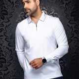 Broderick's Clothing Co. model wearing a white long-sleeve knit polo with a structured collar and zip detail.