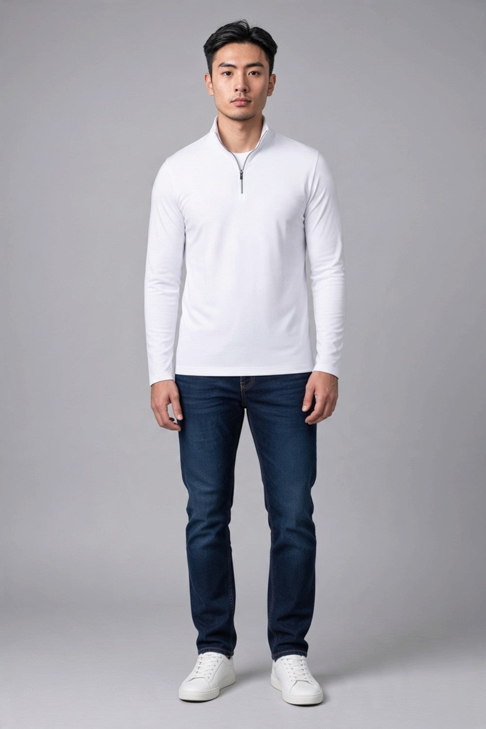 Broderick's Clothing Co. Au Noir white mock neck knit pullover with a quarter-zip, worn by a male model.