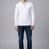 Broderick's Clothing Co. Au Noir white mock neck knit pullover with a quarter-zip, worn by a male model.