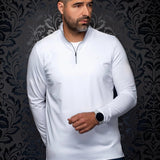 Broderick's Clothing Co. Au Noir white mock neck quarter-zip knit pullover worn by a man against a damask background