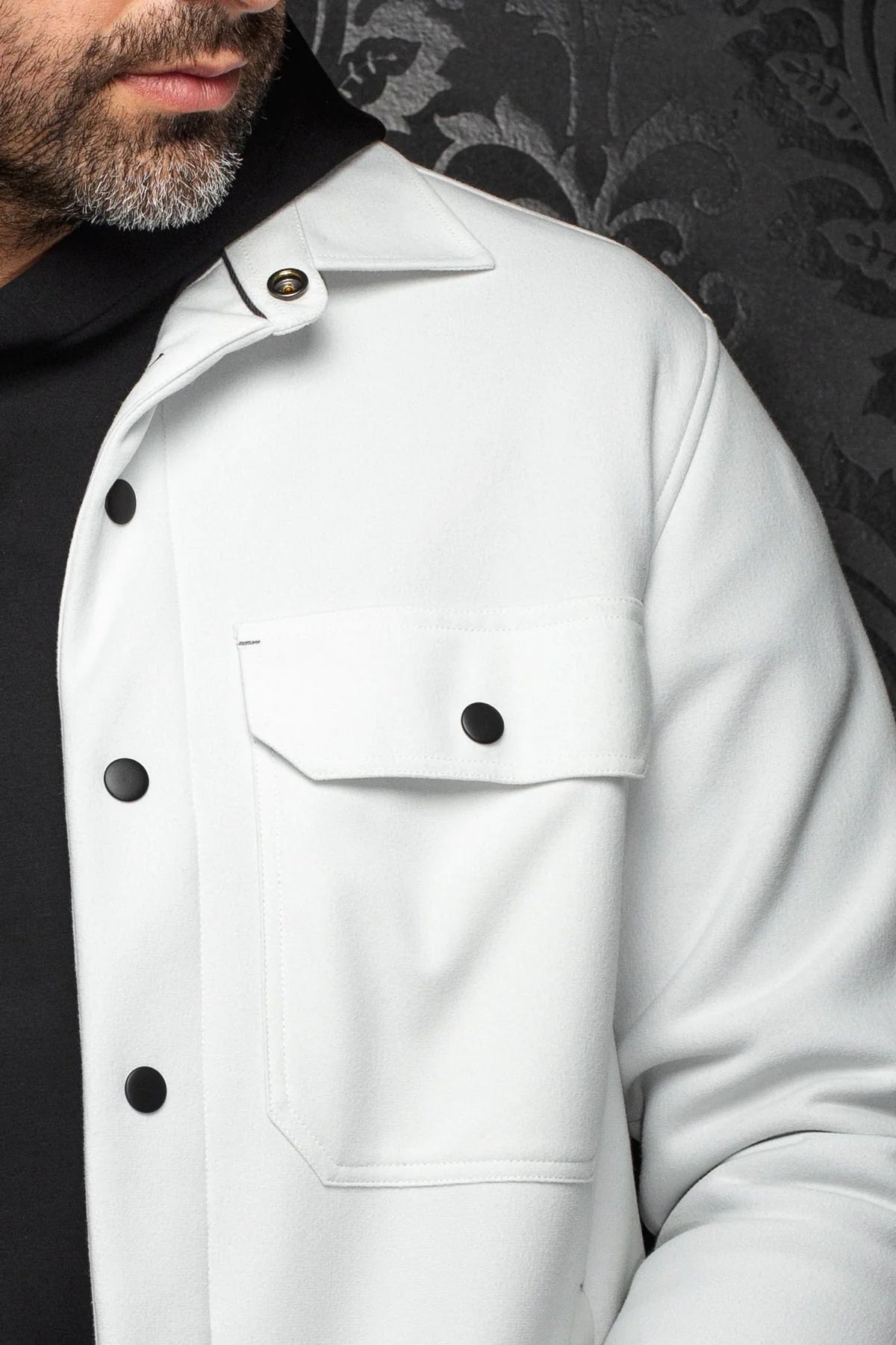 Broderick's Clothing Co. Au Noir GRADO white overshirt with black buttons and chest pocket worn over a black shirt