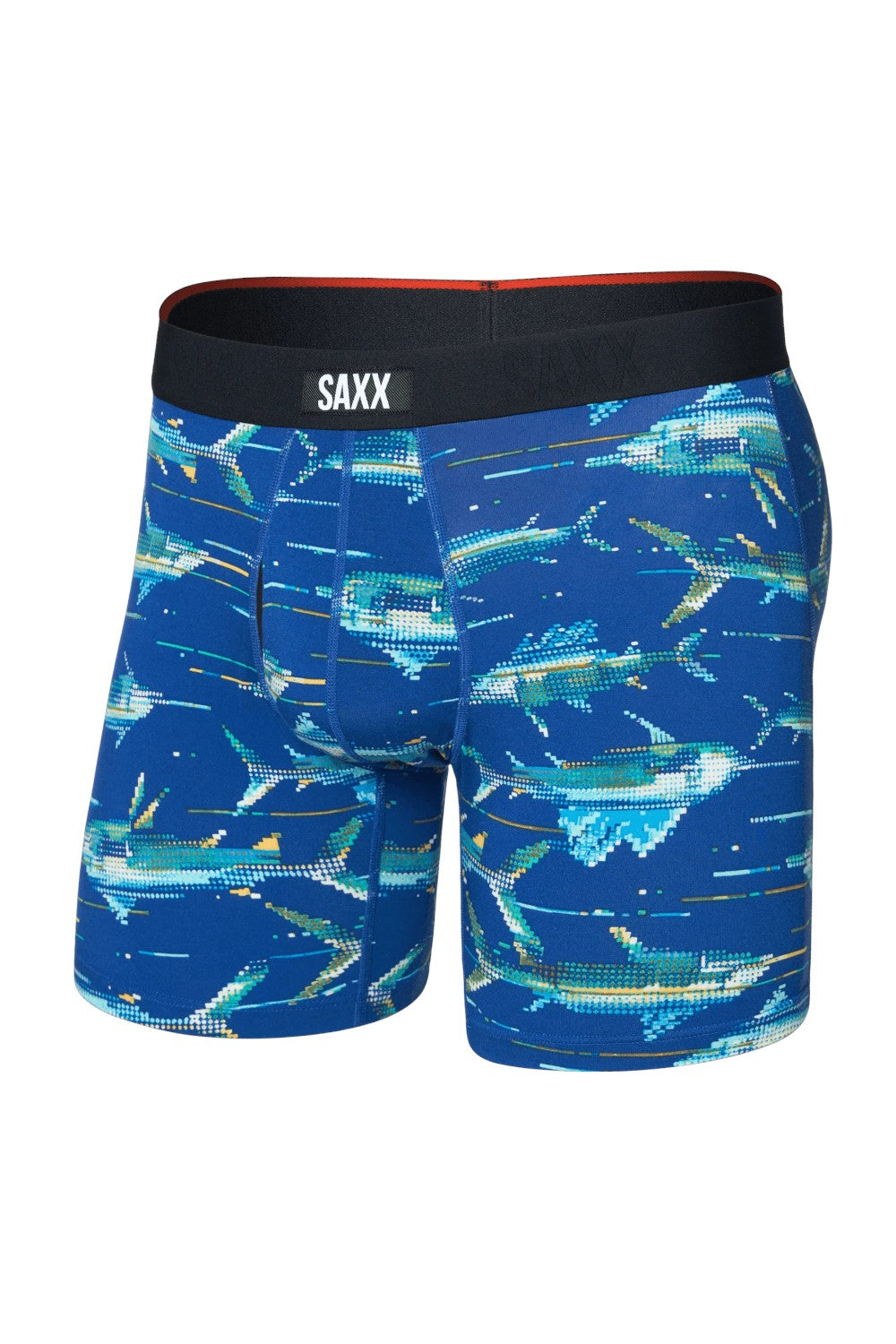 Blue boxer briefs with fish pattern and Saxx branding on a white background