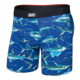 Blue boxer briefs with fish pattern and Saxx branding on a white background