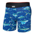Blue boxer briefs with fish pattern and Saxx branding on a white background