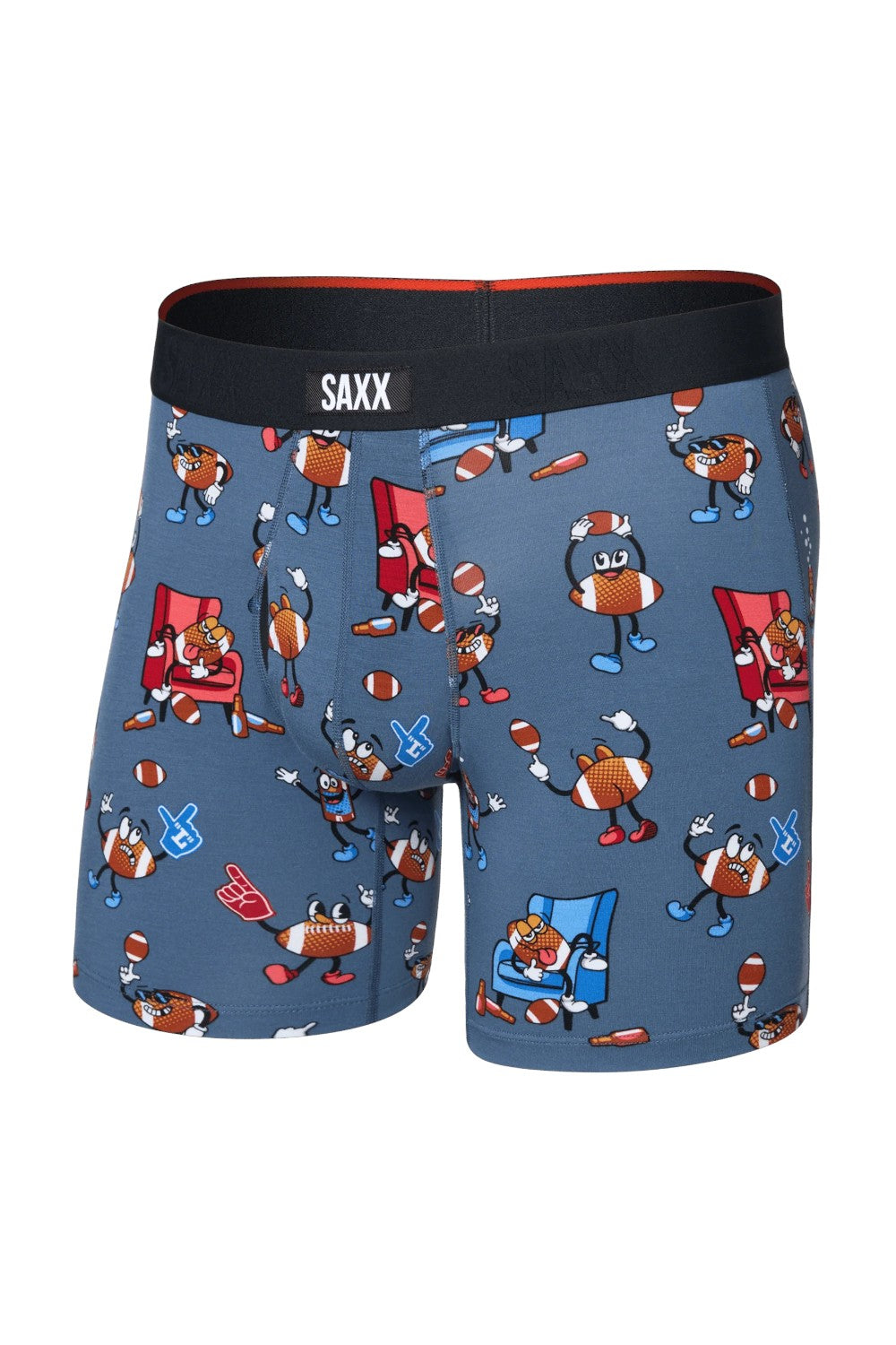 Blue boxer briefs with cartoon character pattern and Saxx branding on a white background
