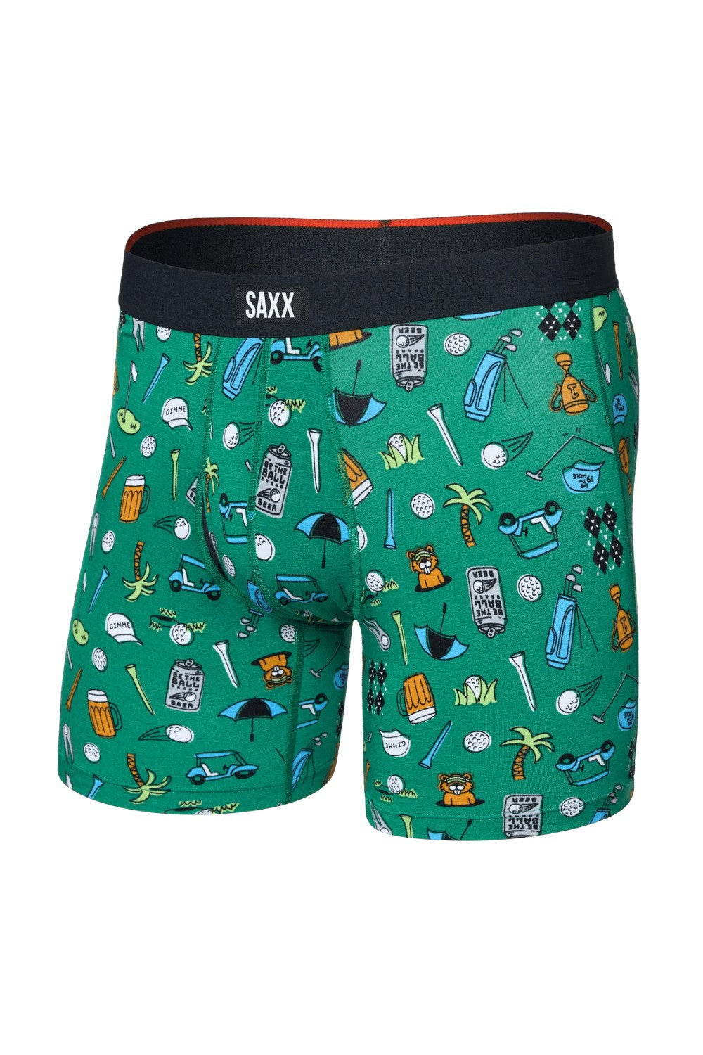 Green boxer briefs with colorful pattern on a white background