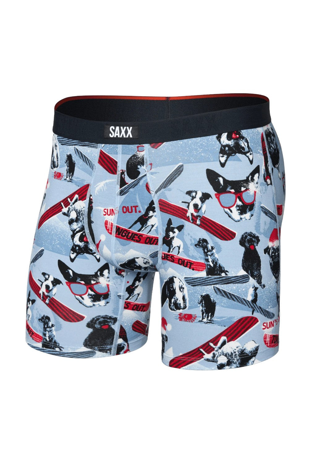 Boxer briefs with dog pattern and Saxx branding on a white background