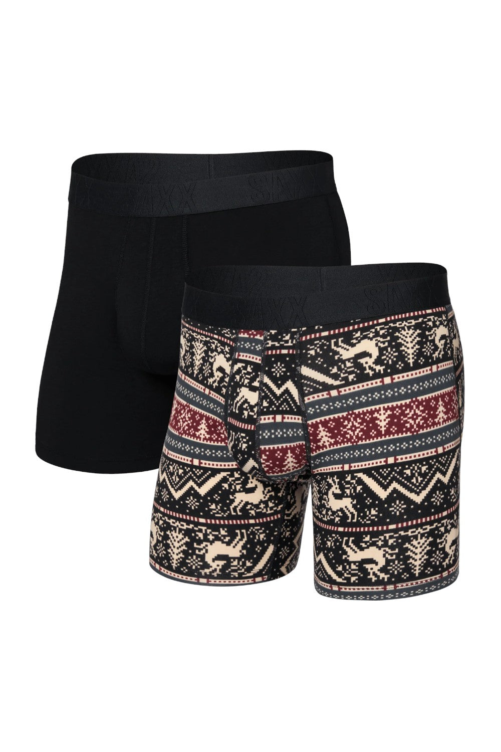 Two pairs of boxer briefs, one black and one with a pattern featuring deer and geometric designs.