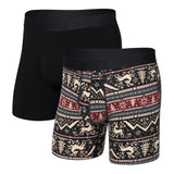 Two pairs of boxer briefs, one black and one with a pattern featuring deer and geometric designs.