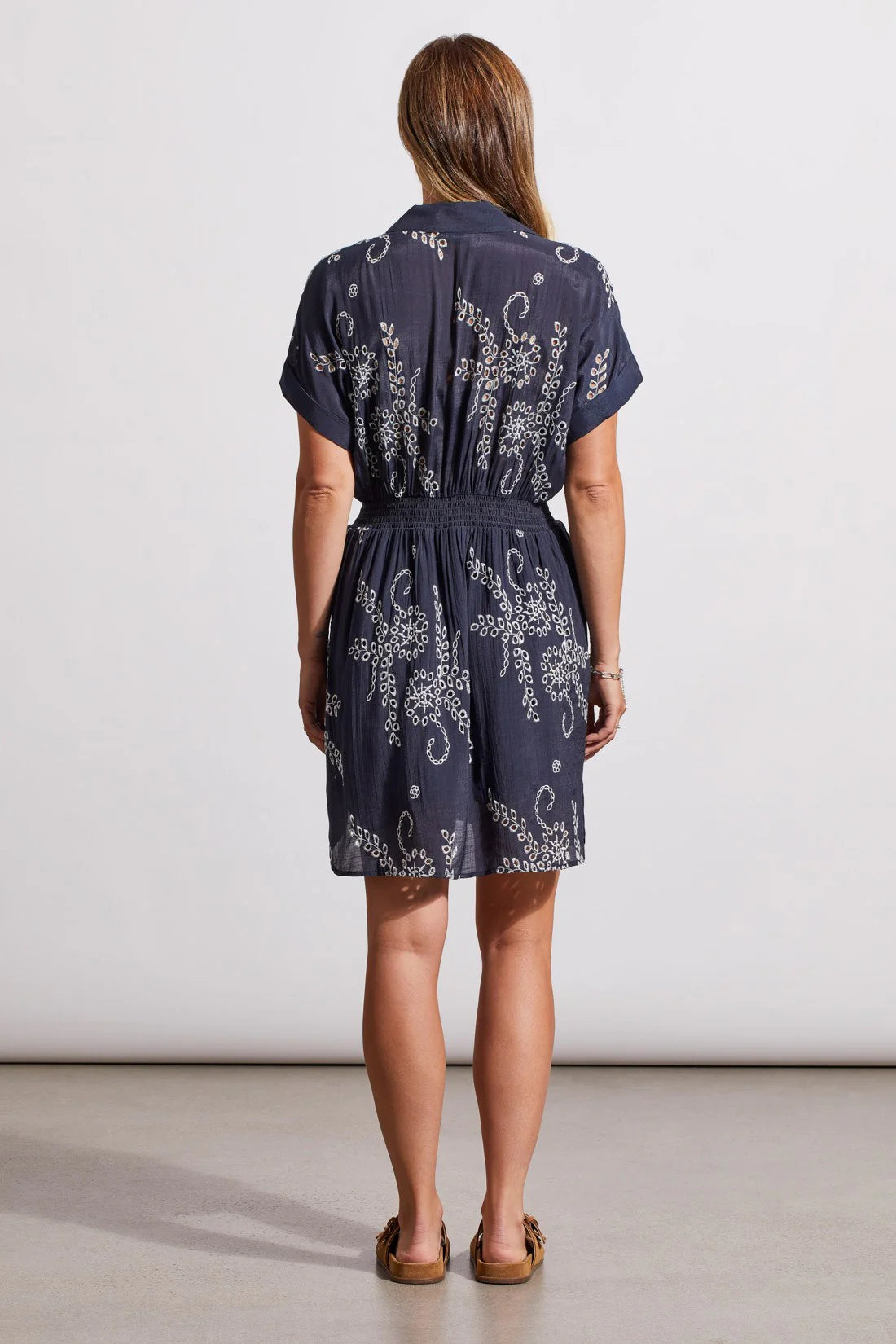 Intricated English embroidery adds a chic touch to this button-up shirt dress. A matching belt lets you adjust the fit, short kimono sleeves complete the look, and side seam pockets add a functional detail.