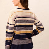 A woman shown from the back wearing a long-sleeve knit sweater with horizontal stripes in cream, navy, gray, and mustard yellow, paired with dark blue jeans against a textured off-white wall.