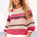 With three-quarter sleeves and an open-knit design, this sweater fits flawlessly into every season. We love the crew neckline, raglan shoulder seams, colourful stripes, ribbed trim, and combed cotton fabric that delivers all-day comfort.