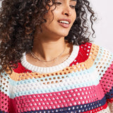 With three-quarter sleeves and an open-knit design, this sweater fits flawlessly into every season. We love the crew neckline, raglan shoulder seams, colourful stripes, ribbed trim, and combed cotton fabric that delivers all-day comfort.
