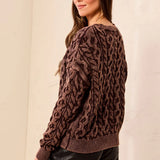 A woman wearing a brown cable-knit sweater with a textured pattern, shown from a side-back angle against a light beige wall.