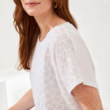 Discover the breezy feel of pure cotton poplin, beautifully finished with intricate embroidery. This cap sleeve crew neck delivers a polished look and effortless comfort—your perfect go-to for warm, sunny days or layering.