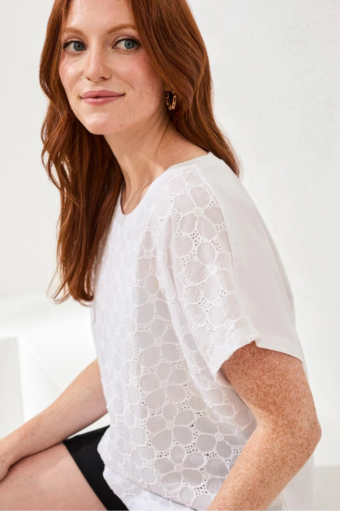 Discover the breezy feel of pure cotton poplin, beautifully finished with intricate embroidery. This cap sleeve crew neck delivers a polished look and effortless comfort—your perfect go-to for warm, sunny days or layering.