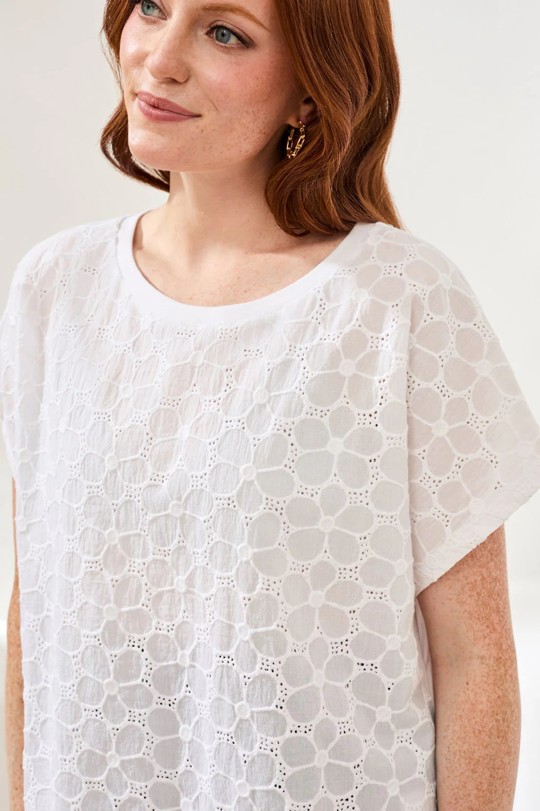 Discover the breezy feel of pure cotton poplin, beautifully finished with intricate embroidery. This cap sleeve crew neck delivers a polished look and effortless comfort—your perfect go-to for warm, sunny days or layering.
