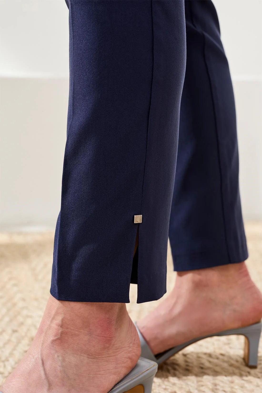 Close up of navy pant ankle detail