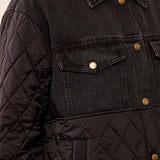 Close-up of a black quilted jacket with gold buttons on a neutral background
