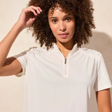 Elevate your sporty charm with this short-sleeve top, crafted from luxuriously soft zigzag pointelle knit. The sophisticated mock neckline is accented by an adjustable zipper, allowing for effortless style and a personalized fit.