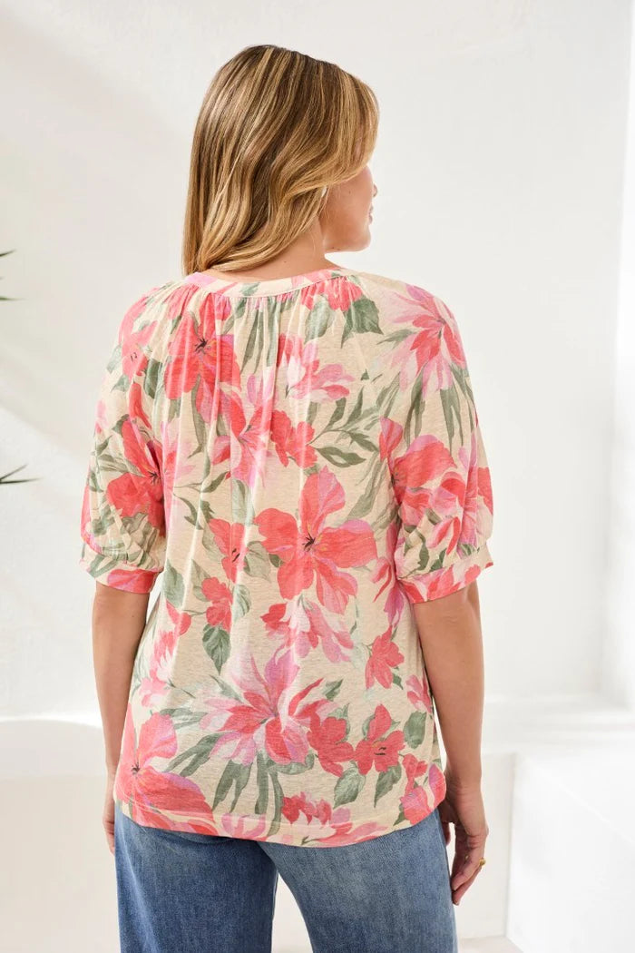 Woman wearing a floral blouse with a white background