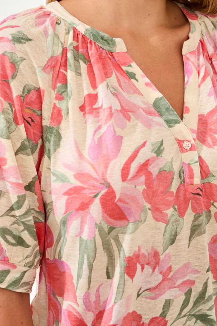 Close-up of a floral blouse with pink and green flowers on a beige background