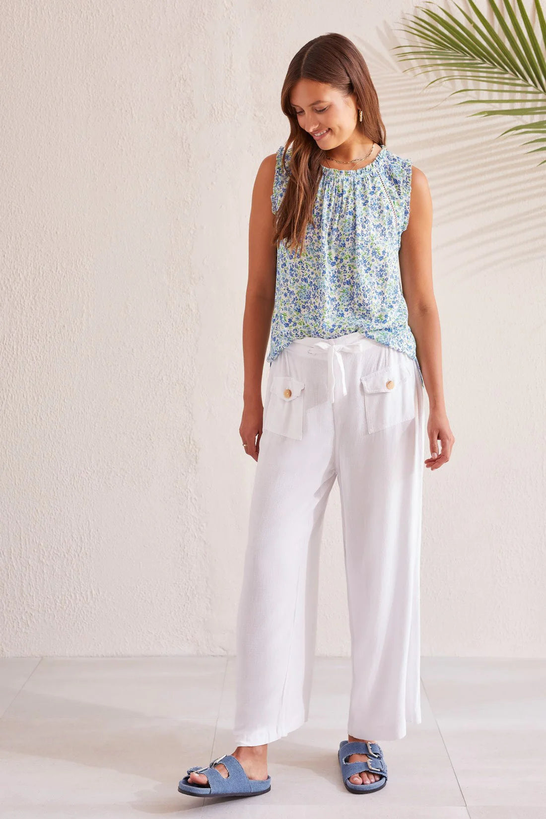 Designed with a fresh floral print, this sleeveless blouse takes your style to centerstage. We love the frilled edge at the neckline and armholes, crochet trim at the yoke, and lightweight jacquard fabric that feels airy all day long.