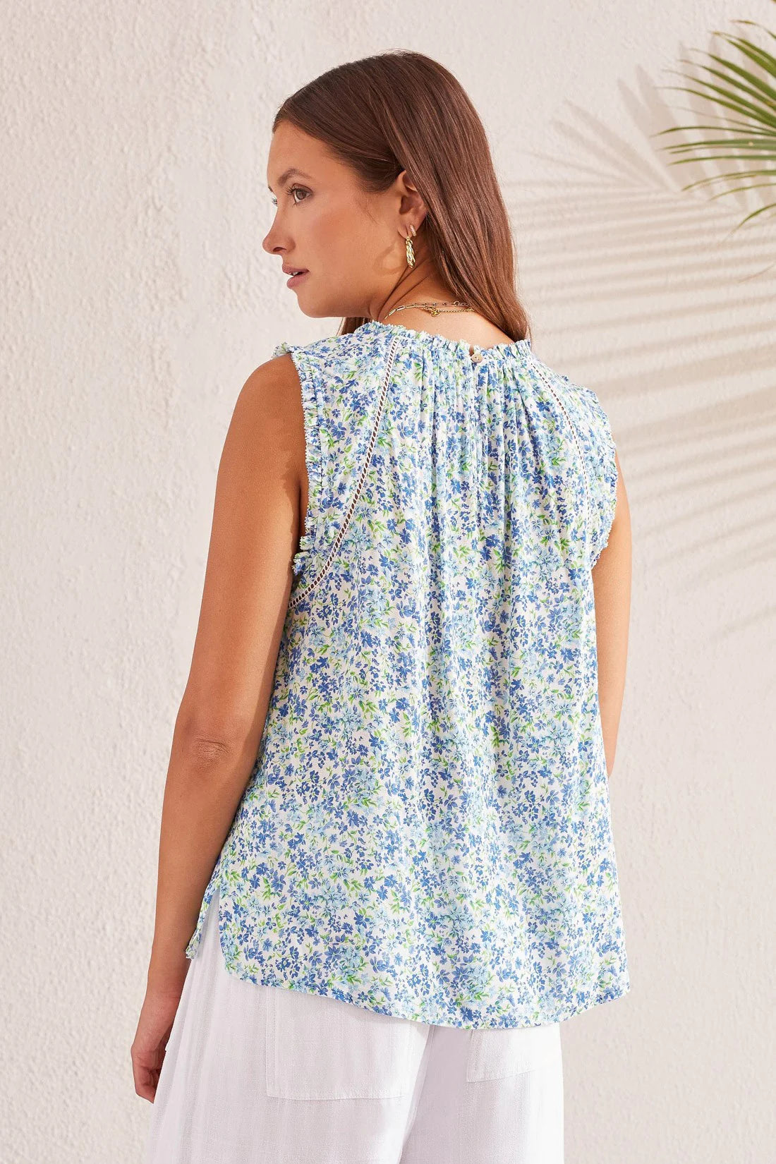 Designed with a fresh floral print, this sleeveless blouse takes your style to centerstage. We love the frilled edge at the neckline and armholes, crochet trim at the yoke, and lightweight jacquard fabric that feels airy all day long.