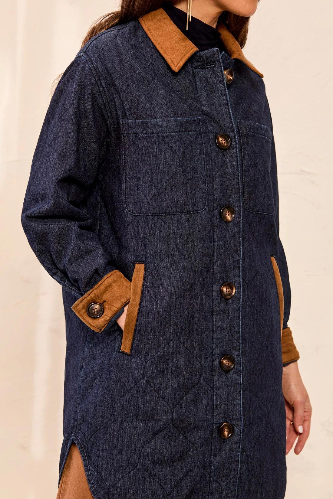 A close-up of a person wearing a dark blue quilted coat with contrasting tan collar, cuffs, and pocket trim, featuring large brown buttons.
