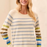A woman wearing a cream-colored knit sweater with horizontal stripes in blue, olive green, and brown on the sleeves and body, paired with gray pants.