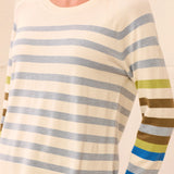 Close-up of a person wearing a striped sweater with a neutral background