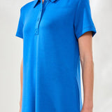 Blue dress with short sleeves and a collar on a white background