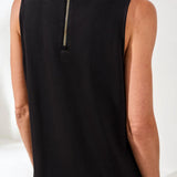 Black sleeveless dress with a zipper detail on a white background