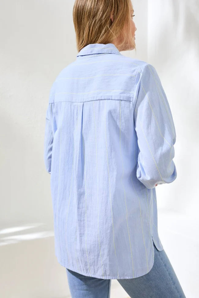 Person wearing a light blue shirt against a white background
