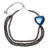Suzie Blue Triple Strand Coconut Bead & Wooden Heart Necklace
