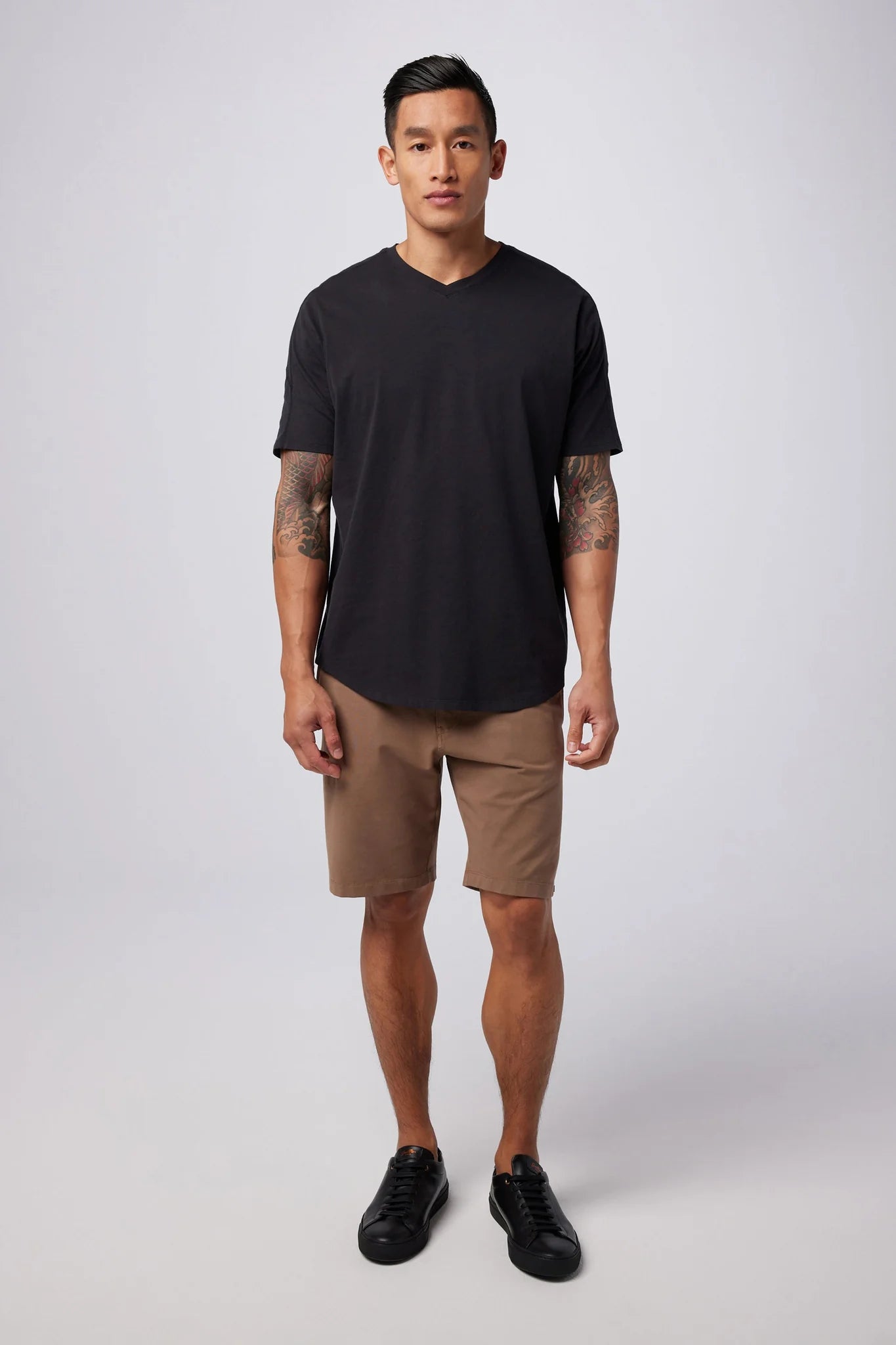 A wardrobe staple, our high v-neck t-shirt in soft, cotton jersey is as versatile as it is comfortable. 